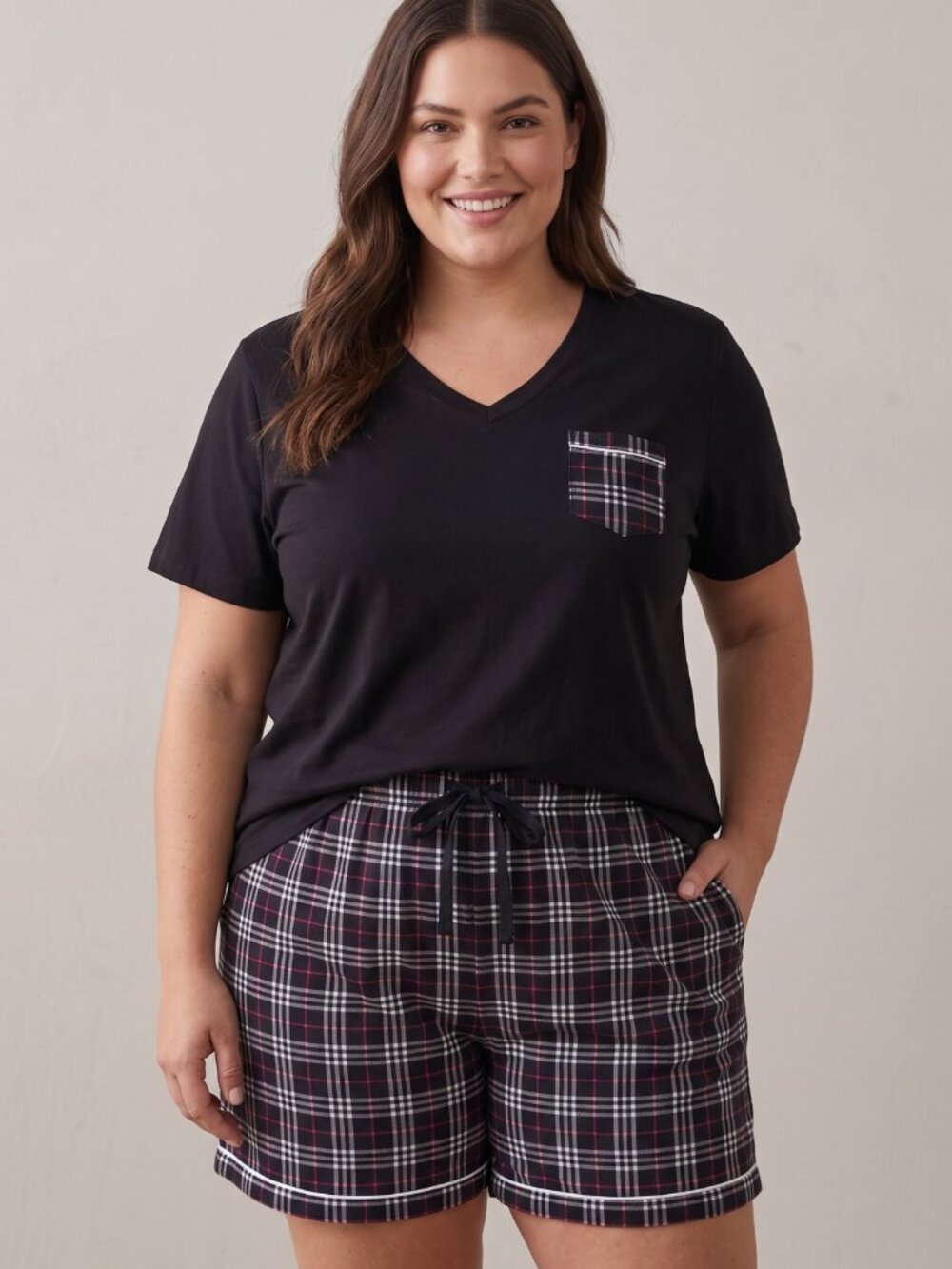 NWOT MoFiz Womens Plaid Short Sleeve V-Neck Pajama Sleep Set 3XL